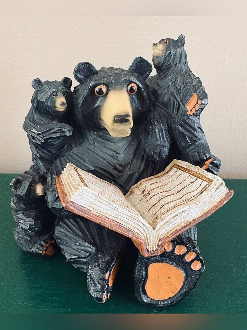 Carved Resin Black Bear Family Reading Book Figurine
